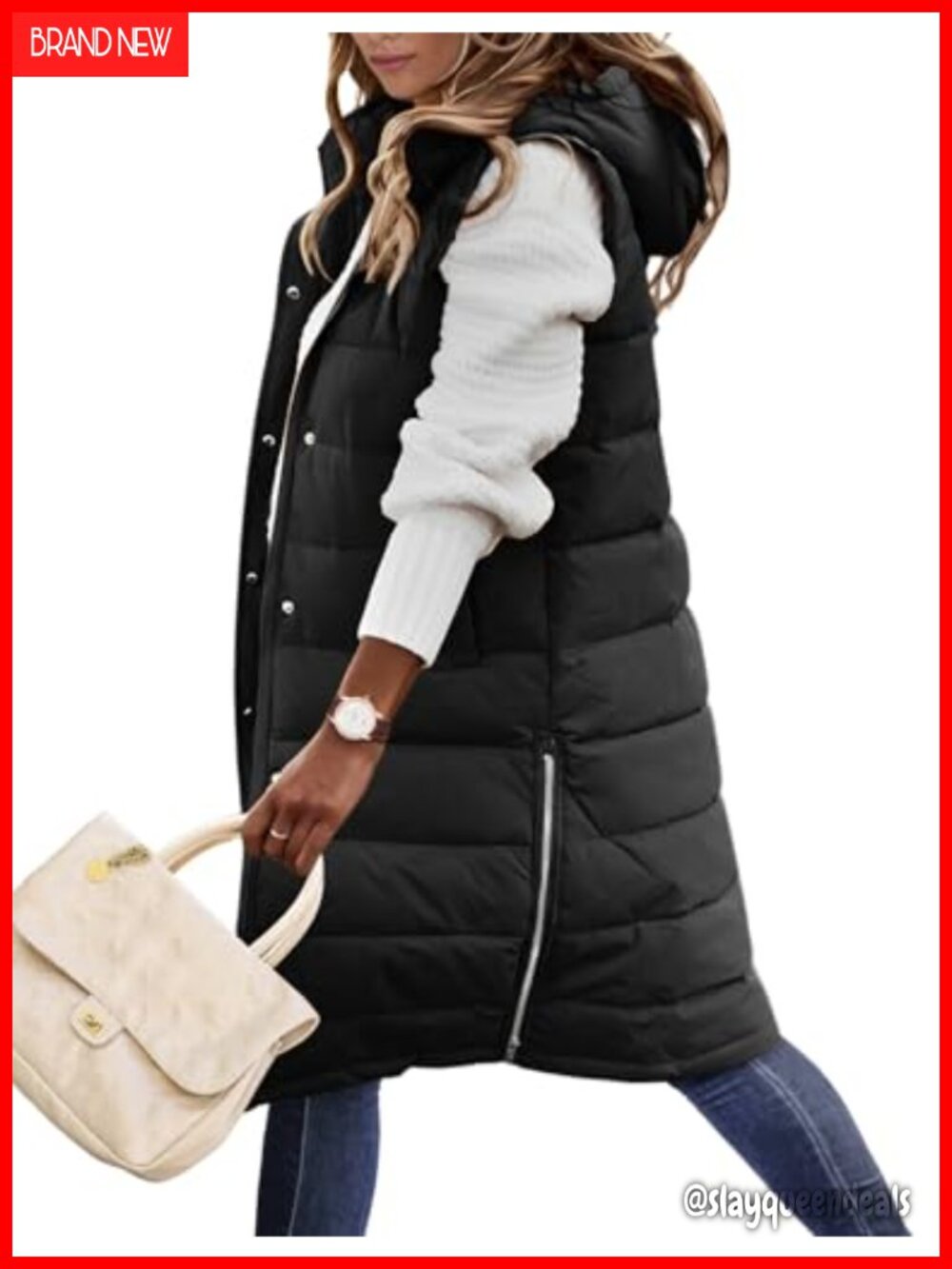 Long Puffer Vest Sleeveless Quilted Jacket with Hood Lightweight Warm